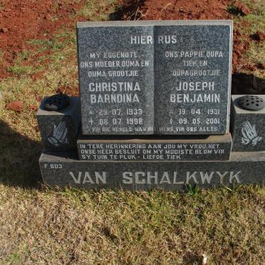 SCHALKWYK Joseph Benjamin, van 1931-2001 &amp; Christina Barndina 1933-1998
