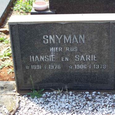 SNYMAN Hansie 1891-1978 &amp; Sarie 1906-1978