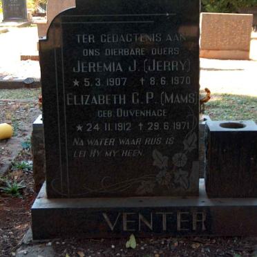 VENTER Jeremia J. 1907-1970 &amp; Elizabeth C.P. DUVENHAGE 1912-1971