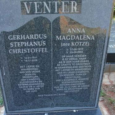 VENTER Gerhardus Stephanus Christoffel 1911-2006 &amp; Anna Magdalena KOTZE 1915-2002