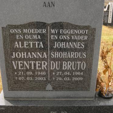 VENTER Aletta Johanna 1946-2003 :: DU BRUTO Johannes Shohardus 1964-2009