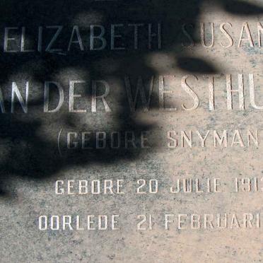 WESTHUIZEN Elizabeth Susanna, van der nee SNYMAN 1913-2000