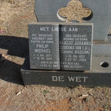 WET Philip Michael, de 1937-1998 &amp; Maatjie Johanna Susanna van Lill nee BASSON 1937-2004