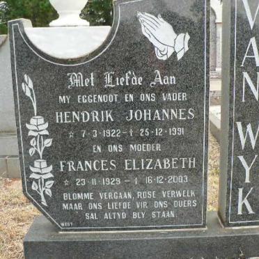 WYK Hendrik Johannes, van 1922-1991 &amp; Frances Elizabeth 1929-2003