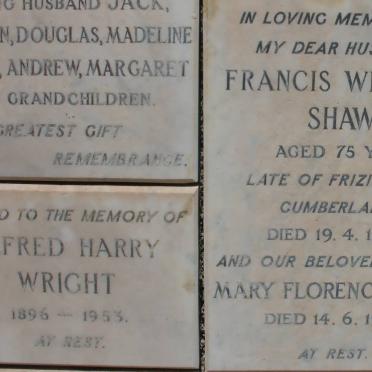 WRIGHT Alfred Harry 1896-1953 :: SHAW Francis William -1954  &amp; Mary Florence -1956