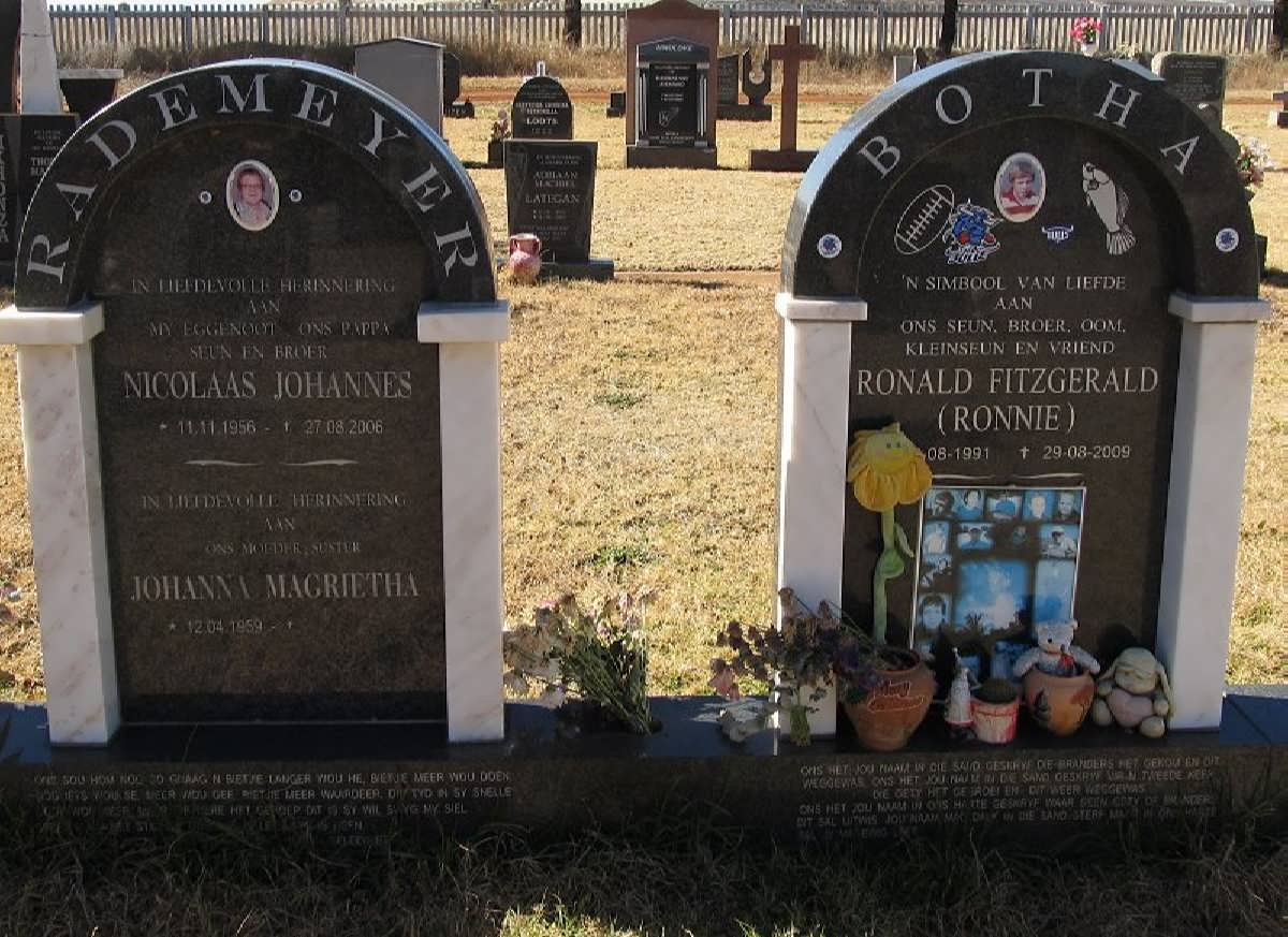 RADEMEYER Nicolaas Johannes 1956-2006 &amp; Johanna Magrietha 1959- :: BOTHA Ronald Fitgerald 1991-2009