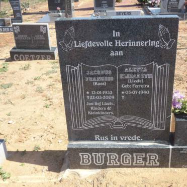 BURGER Jacobus Francois 1933-2009 &amp; Aletta Elizabeth FERREIRA 1940-