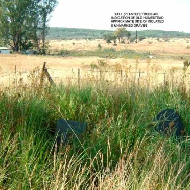 Unmarked graves in the isolated cemetery, at a distance (see arrow)