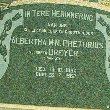 PRETORIUS Albertha M.M. voorheen DREYER nee VAN ZYL 1884-1962
