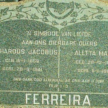 FERREIRA Gerhardus Jacobus 1858-1941 &amp; Aletta Maria 1863-1964