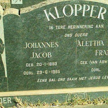 KLOPPER Johannes Jacob 1893-1965 &amp; Alettha Magaretha Francina VAN ASWEGEN 1896-
