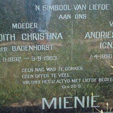 MIENIE Andries Ockert Ignatius 1890-1965 &amp; Judith Christina BADENHORST 1892-1963