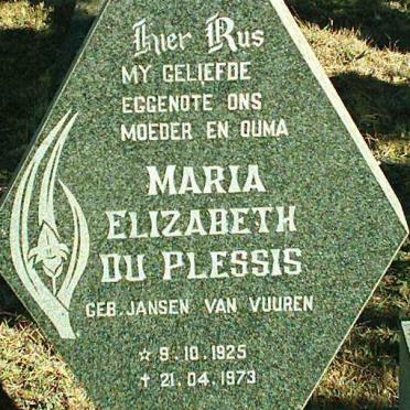 PLESSIS Maria Elizabeth, du nee JANSEN VAN VUUREN 1925-1973