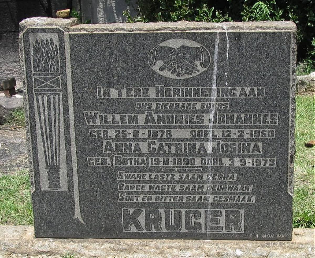 KRUGER Willem Andries Johannes 1876-1950 &amp; Anna Catrina Josina BOTHA 1890-1973