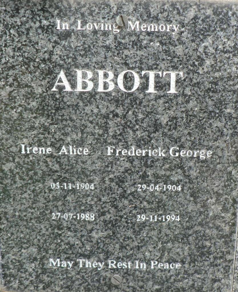 ABBOTT Frederick George 1904-1994 &amp; Irene Alice 1904-1988