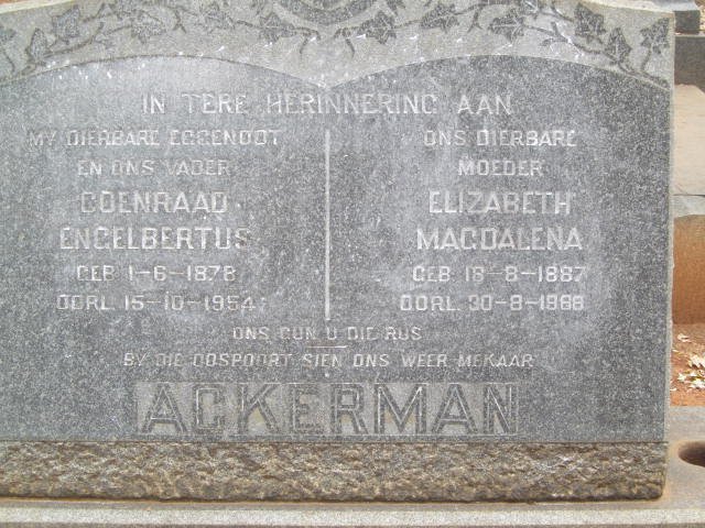 ACKERMAN Coenraad Engelbertus 1878-1954 &amp; Elizabeth Magdalena 1887-1988