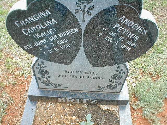 BRITZ Andries Petrus 1923-1994 &amp; Francina Carolina JANSE VAN VUUREN 1923-1992