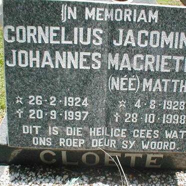 CLOETE Cornelius Johannes 1924-1997 &amp; Jacomina Magrietha MATTHEE 1928-1998