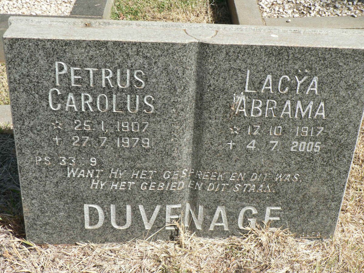 DUVENAGE Petrus Carolus 1907-1979 &amp; Lacya Abrama 1917-2005