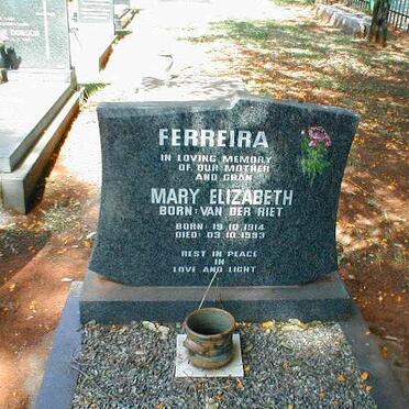 FERREIRA Mary Elizabeth nee VAN DER RIET 1914-1993