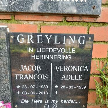 GREYLING Jacob Francois 1939-2013 & Veronica Adele 1939-