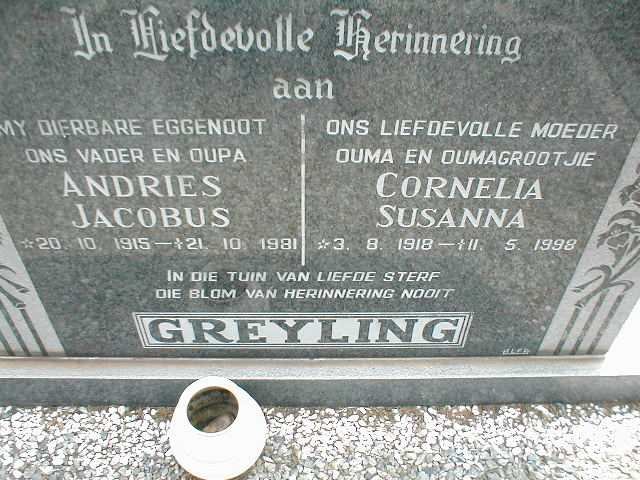 GREYLING Andries Jacobus 1915-1981 &amp; Cornelia Susanna 1918-1998