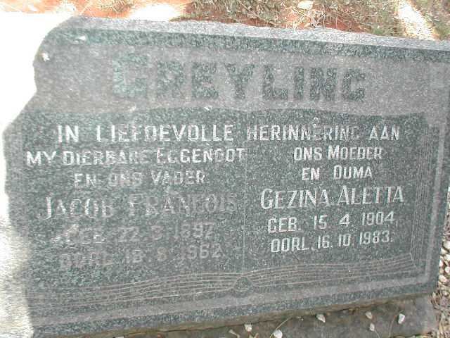 GREYLING Jacob Francois 1897-1962 &amp; Gezina Aletta 1904-1983