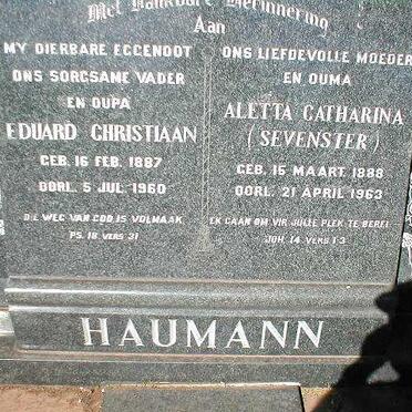 HAUMANN Eduard Christiaan 1887-1960 &amp; Aletta Catharina SEVENSTER 1888-1963