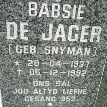 JAGER Babsie, de nee SNYMAN 1937-1992