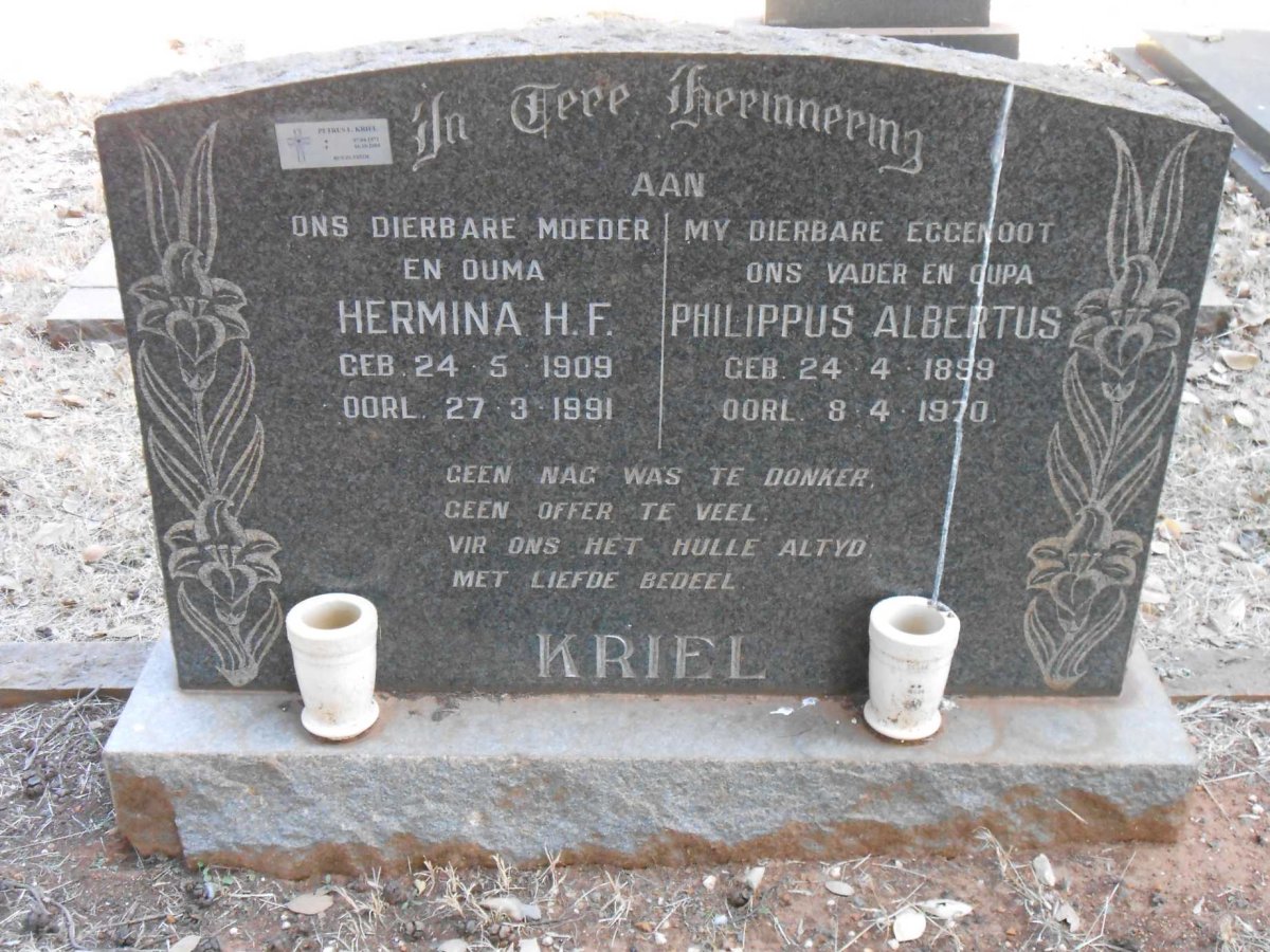 KRIEL Philippus Albertus 1899-1970 &amp; Hermina H.F. 1909-1991 :: KRIEL Petrus