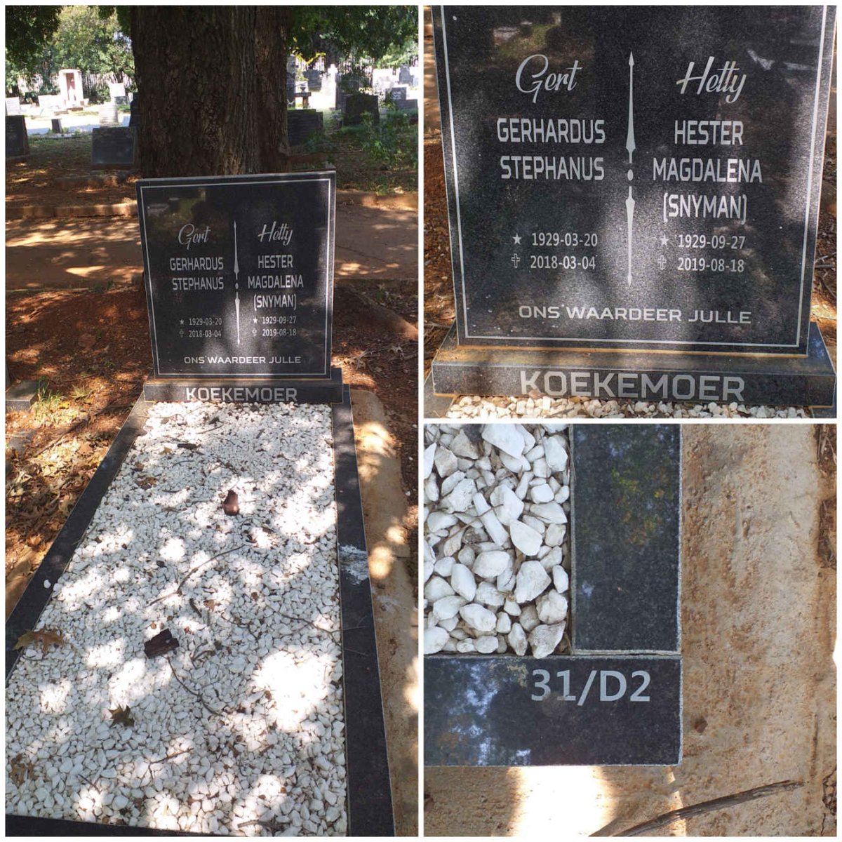 KOEKEMOER Gerhardus Stephanus 1929-2018 & Hester Magdalena SNYMAN 1929-2019