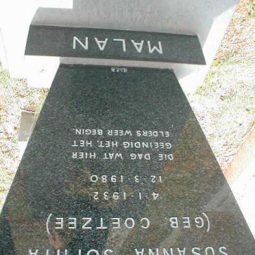 MALAN Susanna Sophia nee COETZEE 1932-1980
