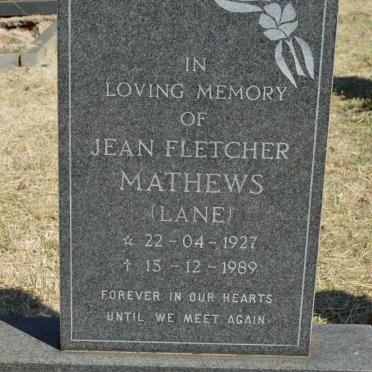 MATHEWS Jean Fletcher nee LANE 1927-1989