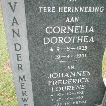 MERWE  Johannes Frederick Lourens, van der 1921-1995 &amp; Cornelia Dorothea 1925-1991