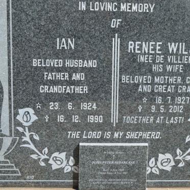 MCFARLANE Ian 1924-1990 &amp; Renee Wilson nee DE VILLIERS 1927-2012 :: MCFARLANE John Peter 1948-2007