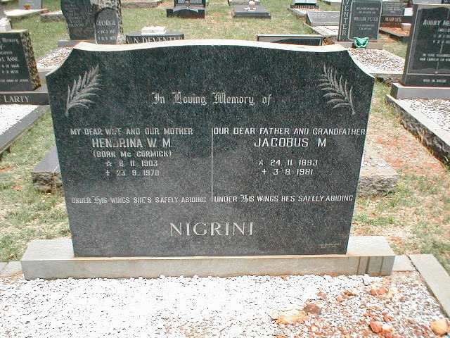 NIGRINI Jacobus M. 1893-1981 &amp; Hendrina W.M. McCORMICK 1903-1970