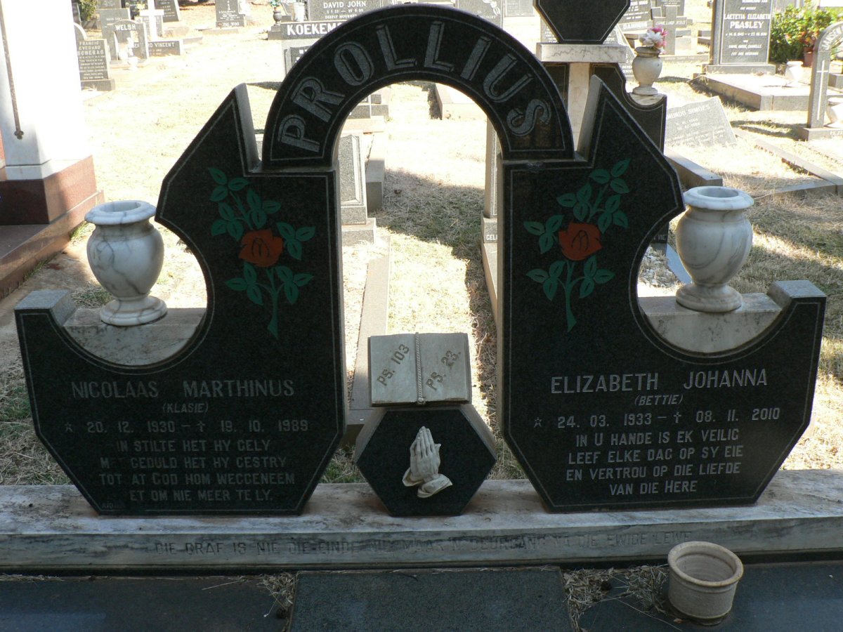 PROLLIUS Nicolaas Marthinus 1930-1989 &amp; Elizabeth Johanna 1933-2010