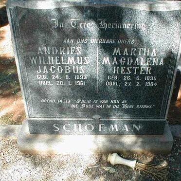 SCHOEMAN Andries Wilhelmus Jacobus 1893-1961 &amp; Martha Magdalena Hester 1895-1964