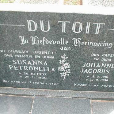 TOIT Johannes Jacobus F., du 1910-1996 &amp; Susanna Petronella 1907-1980