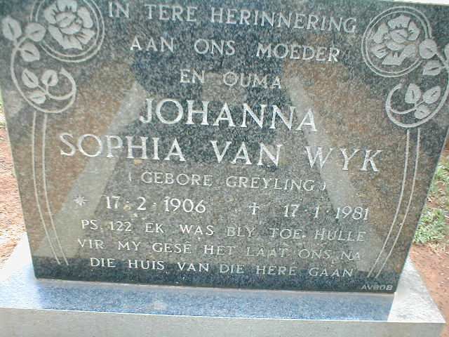 WYK Johanna Sophia, van nee GREYLING 1906-1981