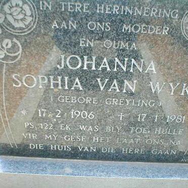 WYK Johanna Sophia, van nee GREYLING 1906-1981