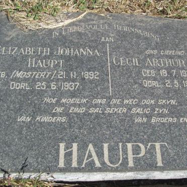 HAUPT Elizabeth Johanna nee MOSTERT 1892-1937 :: HAUPT Cecil Arthur 1924-1937
