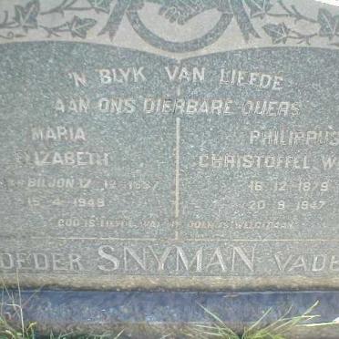 SNYMAN Philippus Christoffel Willem 1879-1947 &amp; Maria Elizabeth VAN BILJON 1887-1949