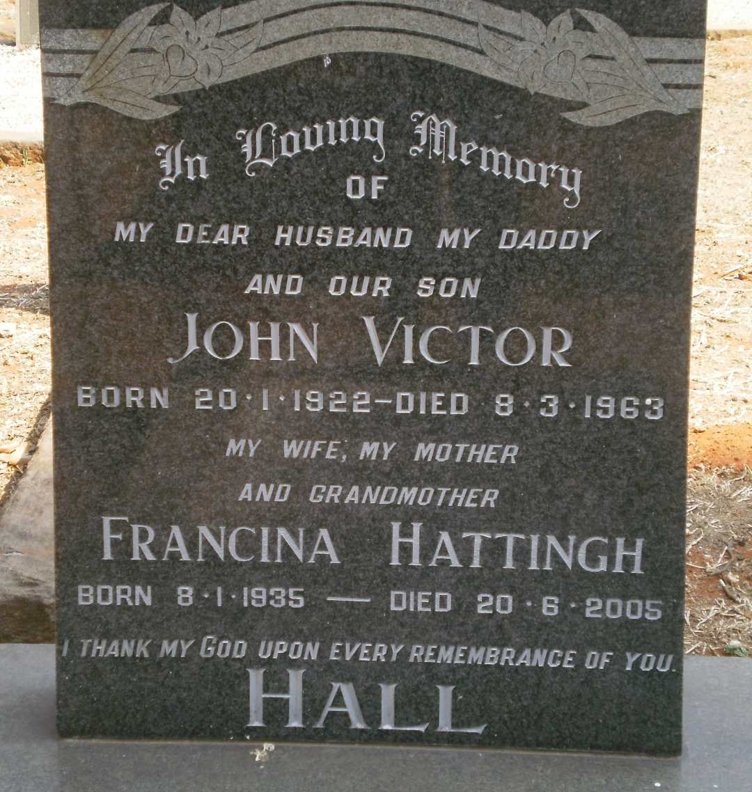 HALL John Victor 1922-1963 &amp; Francina HATTINGH 1935-2005