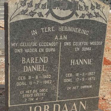 JORDAAN Barend Daniel 1903-1962 &amp; Hannie 1907-1975