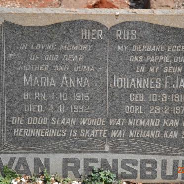 RENSBURG Johannes F. Janse, van 1916-1970 &amp; Maria Anna 1915-1992