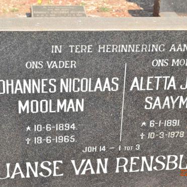 RENSBURG Johannes Nicolaas Moolman, Janse van 1894-1965 &amp; Aletta Johanna SAAYMAN 1891-1978