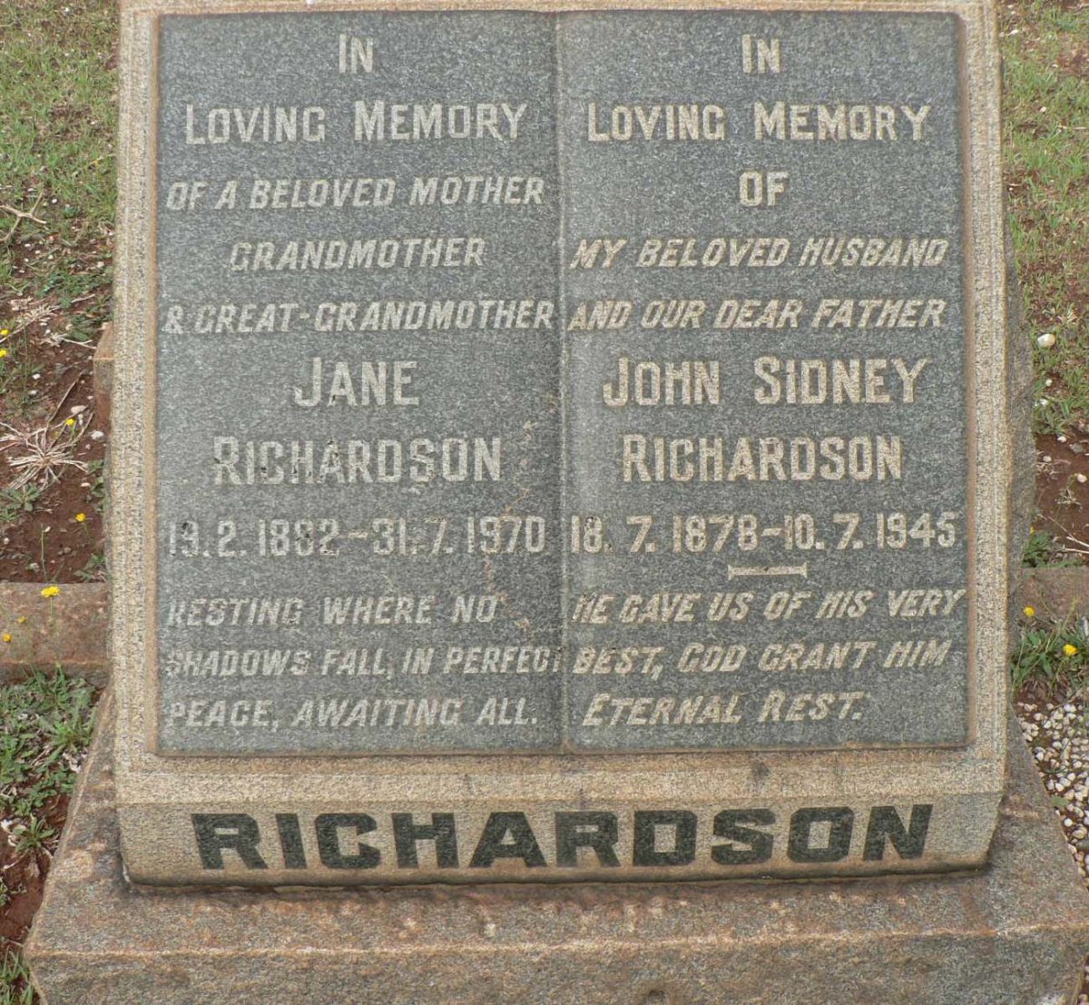 RICHARDSON John Sidney 1878-1945 &amp; Jane 1892-1970