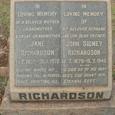 RICHARDSON John Sidney 1878-1945 &amp; Jane 1892-1970