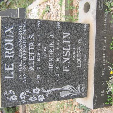 ROUX Hendrik J., le 1907-1993 &amp; Aletta S. 1909-1993 :: ENSLIN Louisa A. 1949-1999